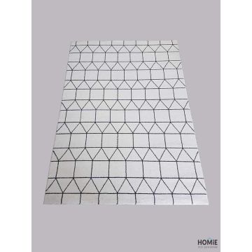 שטיח גיאומטרי מרובעים ומשולשים איכותי לסלון, לחדר שינה, לחדר ילדים, למטבח ושאר חלל הבית בצבע אוף וויט ושחור דגם עמנואל 34/363.