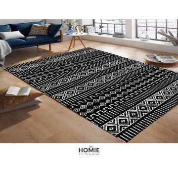 שטיח וינטג' גיאומטרי שבטי מעויינים שחור לבן דגם ג'וליה 62C. השטיח המיוחד בסגנון הנורדי סקנדינבי כפרי (ברבר מרוקאי) מתאים לסלון, לחדר שינה, לחדר ילדים, לאמבטיה, למטבח, למסדרון, לפינת אוכל, לפינת משחקים, לחדר עבודה ולמשרד.