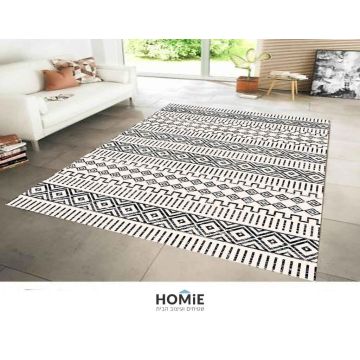 שטיח וינטג' גיאומטרי שבטי מעויינים לבן שחור דגם ג'וליה 62A. השטיח המיוחד בסגנון הנורדי סקנדינבי כפרי (ברבר מרוקאי) מתאים לסלון, לחדר שינה, לחדר ילדים, לאמבטיה, למטבח, למסדרון, לפינת אוכל, לפינת משחקים, לחדר עבודה ולמשרד. 