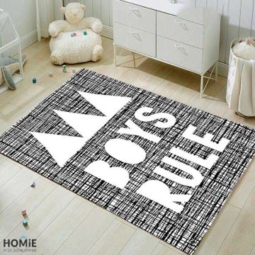שטיח מודרני לחדר ילדים דגם BOYS RULE (בנים שולטים) בצבע שחור לבן. השטיח האיכותי והמיוחד יתאים גם לחדר תינוקות, חדר אורחים, פינת משחקים, גן ילדים ובית ספר. 