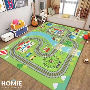 שטיח לחדר ילדים צבעוני דגם מסילת רכבת 04. שטיח חיי עיר נהדר למשחק עם רכבות, מכוניות וצעצועים.