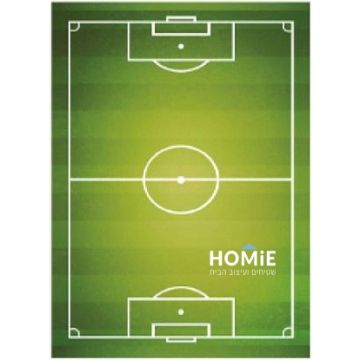 שטיח לחדר ילדים בעיצוב מגרש כדורגל ירוק עם קווי משחק לבנים.