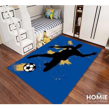שטיח לחדר ילדים דגם שחקן כדורגל בצבעי כחול, שחור וצהוב. השטיח מתאים גם לבתי ספר וגני ילדים. 