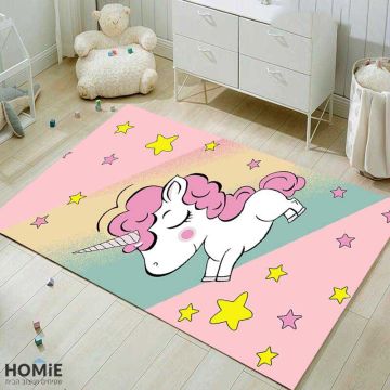 שטיח מודרני צבעוני לחדר ילדים דגם חד-קרן מחייך. השטיח האיכותי והמיוחד יתאים גם לחדר תינוקות, חדר אורחים, פינת משחקים, גן ילדים ובית ספר. 