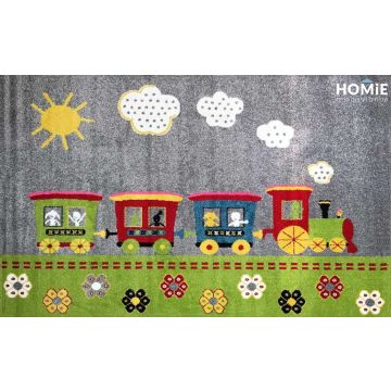 שטיח צבעוני לחדר ילדים מודרני יוקרתי דגם רכבת ההפתעות רקע אפור. 