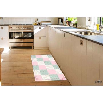 שטיח ויניל צבעוני איכותי פי וי סי (PVC) לינולאום בהדפסה איכותית עם שכבה נגד החלקה דגם מיכאלה ורדים מרובע בצבע ורוד וטורקיז.