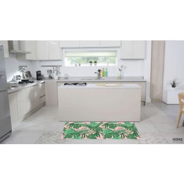 שטיח ויניל איכותי פי וי סי (PVC) לינולאום בהדפסה איכותית עם שכבה נגד החלקה דגם טרופי ורוד.