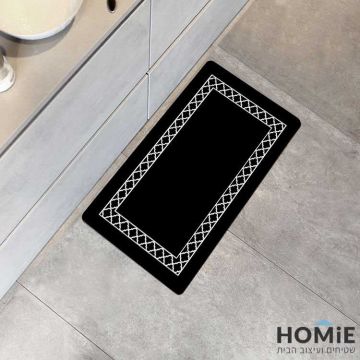 שטיח פי וי סי (PVC) למטבח גיאומטרי מודרני שחור לבן מסגרת דגם דרייק 01. השטיח עשוי 100% פי וי סי (ויניל). 