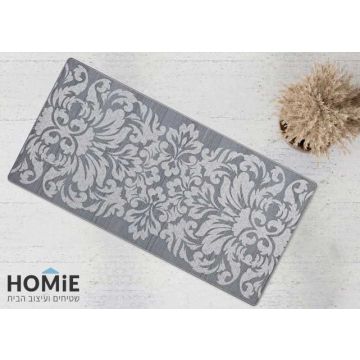 שטיח גומי אפור וינטג' פרחוני דגם מדריד 65 פרוש על רצפה במטבח