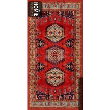 שטיח גומי וינטג' שבטי דגם מדריד 74 בצבעי אדום, תכלת וכחול עם מדליונים – נראה במלואו על רצפת מטבח או סלון בעיצוב מודרני
