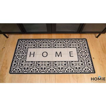 שטיח גומי למטבח וינטג' מודרני פרחוני שחור בז' HOME דגם קוויבק 29, מוצג במלואו.