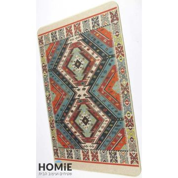 שטיח גומי וינטג' גיאומטרי שבטי דגם קוויבק 44, מוצג במלואו בזווית צד, צבעוני ונועז, מתאים למטבח וחללי בית שונים