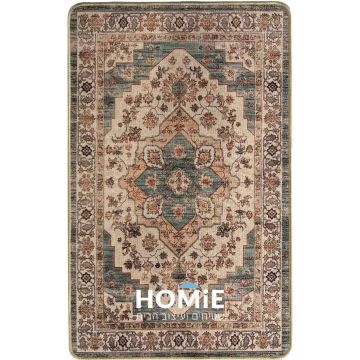 שטיח וינטג' ירוק בז' עם מדליון במראה מלא, דגם קוויבק 66 – שטיח מלבני אנכי עם דוגמה פרחונית ועיצוב קלאסי