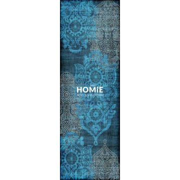 שטיח גומי למטבח וינטג' עיטורים קלאסיים כחול טורקיז דגם מדריד 37. השטיח יתאים גם לסלון ושאר הבית.