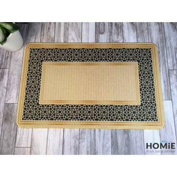 שטיח גומי למטבח דקורטיבי מסגרת עיטורי רטרו בז' שחור דגם קוויבק 07. השטיח היוקרתי יתאים לשאר חלל הבית (כניסה לבית, אמבטיה, מסדרון, חדר שינה, חדר ילדים/תינוקות, מרפסת, גינה) וגם למשרדים, מסעדות ואולמות אירועים. 