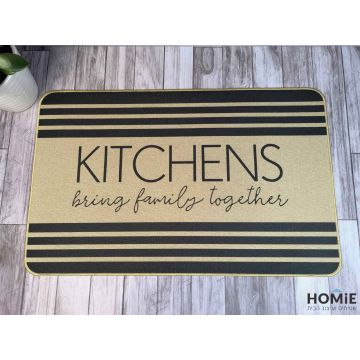 שטיח גומי למטבח דקורטיבי מודרני פסים שחור בז' Kitchens דגם קוויבק 19. השטיח היוקרתי יתאים לשאר חלל הבית (כניסה לבית, אמבטיה, מסדרון, חדר שינה, חדר ילדים/תינוקות, מרפסת, גינה) וגם למשרדים, מסעדות ואולמות אירועים.