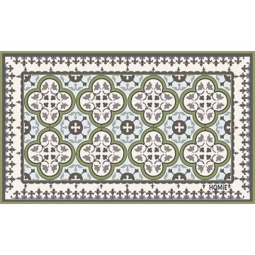 שטיח ויניל איכותי ודקורטיבי למטבח פי וי סי (PVC) לינולאום בהדפסה איכותית עם שכבה נגד החלקה דגם טוסקנה בצבע ירוק זית, תכלת ואפור