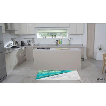 
שטיח ויניל איכותי ודקורטיבי למטבח עשוי פי וי סי (PVC) לינולאום בהדפסה איכותית עם שכבה נגד החלקה בצבע טורקיז ולבן דגם חוף שיש. 
