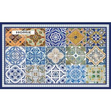 שטיח ויניל איכותי ודקורטיבי למטבח פי וי סי (PVC) לינולאום בהדפסה איכותית עם שכבה נגד החלקה דגם מרצפות צבעוניות (בסגנון וינטג'). 