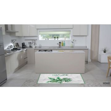 שטיח ויניל איכותי ודקורטיבי למטבח עשוי פי וי סי (PVC) לינולאום בהדפסה איכותית עם שכבה נגד החלקה בצבע ירוק דגם טבע (NATURE). 
