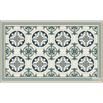 שטיח למטבח עשוי פי וי סי (PVC) לינולאום דגם אלישיה בצבעי ירוק, טורקיז, אפור, לבן וכחול כהה.