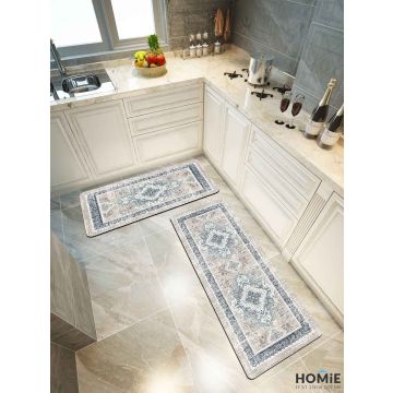 שטיח פי וי סי (לינולאום) למטבח וינטג' קלאסי מדליון דגם קנדריק 06 בצבעי בז' כחול. 