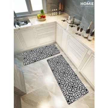 שטיח פי וי סי (לינולאום) למטבח וינטג' מודרני עיטורים דגם קנדריק 08 בצבעי שחור לבן. 