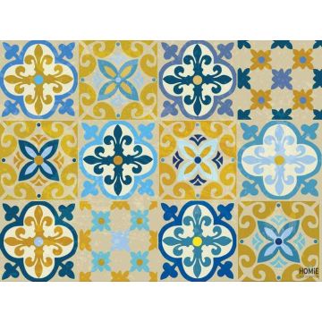 שטיח ויניל איכותי ודקורטיבי למטבח פי וי סי (PVC) לינולאום בהדפסה איכותית עם שכבה נגד החלקה דגם מרצפות צהובות (בסגנון וינטג') בצבע צהוב, כחול, תכלת וטורקיז.
