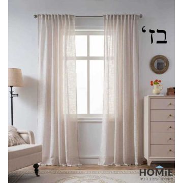 וילון קטלינה דמוי פשתן כפרי בצבע בז׳, חצי שקוף, מוצג במלואו – עיצוב יוקרתי ונפילה רכה, מתאים לסלון, חדר שינה או פינת אוכל