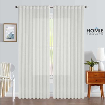 וילון קרפ לסלון ולחדרי שינה פמלה דמוי פשתן חצי אטום תלוי על מוט, עם כנפיים מלאות ונפילה אלגנטית לאורך החלון