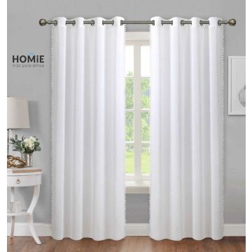 וילון דמוי פשתן חצי אטום פונפונים מודרני כפרי לסלון ושאר הבית דגם ונסה - תצוגה מלאה