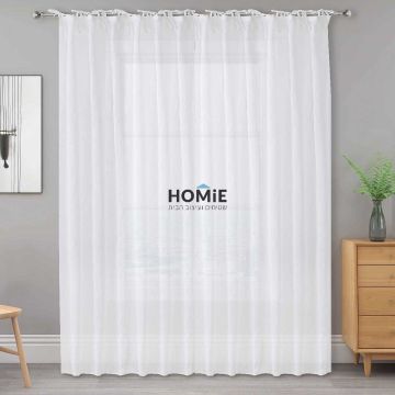 וילון לולאות בד (קשירה) פשתן חצי אטום לבן דגם בנפיקה 01. הוילון מתאים לסלון ושאר הבית.