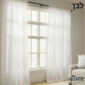 וילון דמוי פשתן חצי שקוף לבן – דגם סילביה, תלוי על חלון בסלון