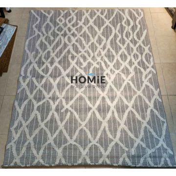 שטיח לסלון בוהו כפרי גיאומטרי מודרני מעויינים לולאות אפור לבן דגם שוודיה 01.