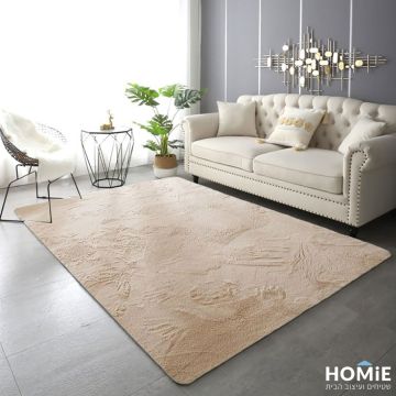 שטיח פרווה דגם פיור בצבע בז' פרוש במלואו בסלון מודרני לצד ספה