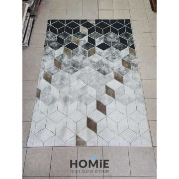 שטיח גיאומטרי מודרני קוביות תלת מימד אפור שחור בז' לסלון דגם מסאי 1982. 