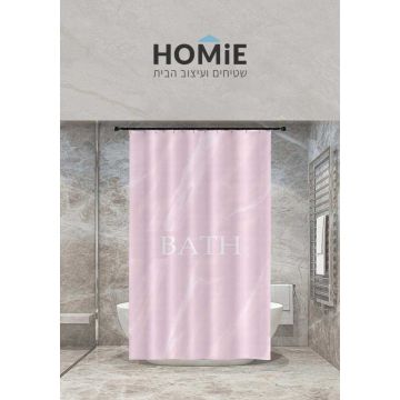 וילון אמבטיה מודרני דקורטיבי שיש ורוד דגם יוליה 09. הוילון היוקרתי מגיע עם דוגמת שיש מרהיבה.