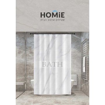 וילון אמבטיה מודרני דקורטיבי שיש לבן דגם יוליה 07. הוילון היוקרתי מגיע עם דוגמת שיש מרהיבה ואלגנטית.