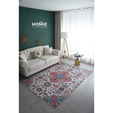 שטיח וינטג' מודרני פרחוני מנדלה דגם סלינה 09 בצבע ורוד וטורקיז. השטיח היוקרתי שנראה כמו יצירת אומנות הוא בעל סטייל עדין ואלגנטי שיתאים לסלון ושאר חלל הבית.