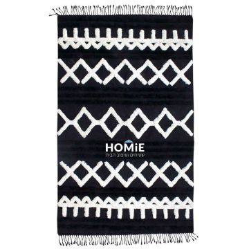  שטיח ברבר מרוקאי בוהו שיק גיאומטרי מודרני מעויינים כותנה עבודת יד שחור אוף וויט דגם מיקאלה 02 שטיח הברבר המיוחד המכונה גם "בני אוריין" (על שם השבטים המרוקאים שייצרו אותו לראשונה) בעיצוב הנורדי-סקנדינבי יכניס המון סטייל, חמימות, נוכחות ויוקרה לחלל החדר. ה