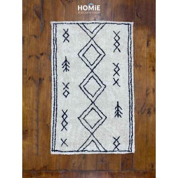 שטיח ברבר מרוקאי גיאומטרי מעויינים מודרני דגם לפלנד 111 בצבע אוף וויט שחור עשוי 100% כותנה. 