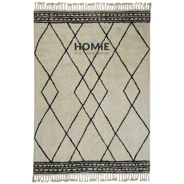 שטיח ברבר מרוקאי גיאומטרי מעויינים כותנה עבודת יד אוף וויט שחור דגם נאנט. השטיח העשוי 100% כותנה מתאים לסלון, חדר שינה, חדר ילדים, חדר אורחים, אמבטיה, מסדרון, פינת משחקים, פינת ישיבה, פינת אוכל, מטבח, חדר עבודה ומשרד.