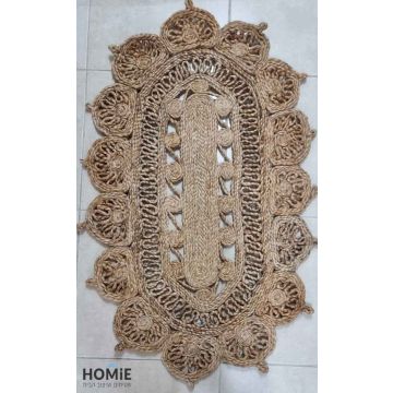 שטיח חבל (יוטה) טבעי אובלי (אליפסה) עבה דקורטיבי עבודת יד דגם ולנסיה 1800. השטיח המודרני-קלאסי מתאים לסלון, לחדר שינה, לחדר ילדים, לחדר/פינת משחקים, לחדר אורחים, למסדרון, לאמבטיה, למטבח, לפינת אוכל, לחדר עבודה, לגינה, לגן ילדים, לבית ספר ולמשרד.