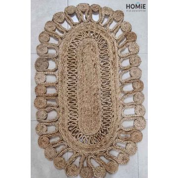 שטיח חבל (יוטה) טבעי אובלי (אליפסה) עבה דקורטיבי עבודת יד דגם ולנסיה 1801. השטיח המודרני-קלאסי מתאים לסלון, לחדר שינה, לחדר ילדים, לחדר/פינת משחקים, לחדר אורחים, למסדרון, לאמבטיה, למטבח, לפינת אוכל, לחדר עבודה, לגינה, לגן ילדים, לבית ספר ולמשרד.