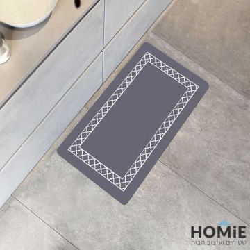 שטיח פי וי סי (PVC) למטבח גיאומטרי מודרני אפור לבן מסגרת דגם דרייק 02. השטיח עשוי 100% פי וי סי (ויניל).