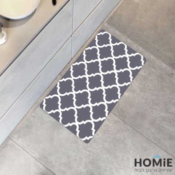 שטיח פי וי סי למטבח וינטג' מודרני גיאומטרי דקורטיבי מעויינים אפור לבן דגם דרייק 10. השטיח האיכותי עשוי 100% פי וי סי (ויניל). 