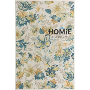 שטיח גומי למטבח דגם ארתור 11 – פרחוני רטרו כפרי בגווני כחול וצהוב, נראה במלואו על רקע בהיר