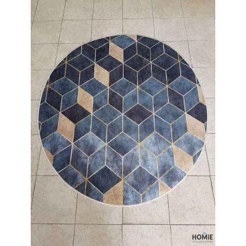 שטיח עגול גיאומטרי קוביות תלת מימד איכותי לסלון, למטבח, לחדר שינה, לחדר ילדים ושאר חלל הבית דגם פרנסיס בצבע אפור, שחור וחרדל. 