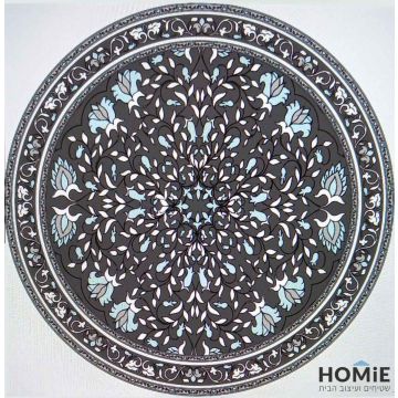 שטיח גומי עגול למטבח וינטג' דקורטיבי מדליון פרחוני אפור תכלת דגם מדריד 10. השטיח היוקרתי בסגנון הרטרו ענתיקה יתאים גם לסלון, חדר שינה, חדר ילדים ותינוקות, אמבטיה, מסדרון, פינת אוכל, חדר עבודה, גינה, משרד, בית ספר, גן ילדים, מתנ"ס, חנות, מסעדה ואולם אירועי