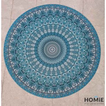 שטיח גומי עגול למטבח וינטג' אתני מנדלה טורקיז דגם מדריד 25. השטיח יתאים גם לסלון ושאר הבית.